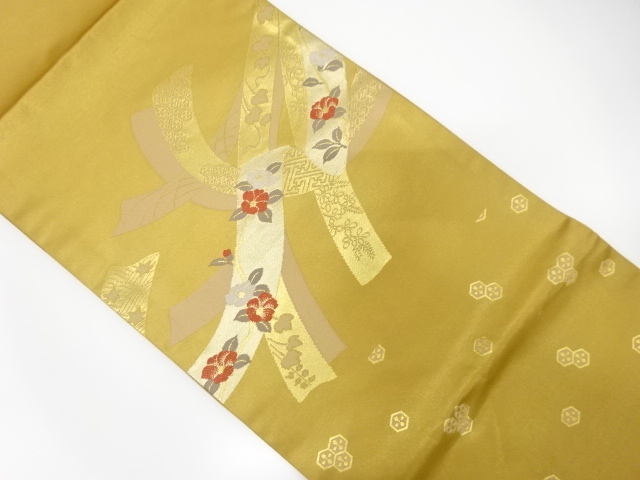 JAPANESE KIMONO / ANTIQUE FUKURO OBI / WOVEN NOSHI & CAMELLIA